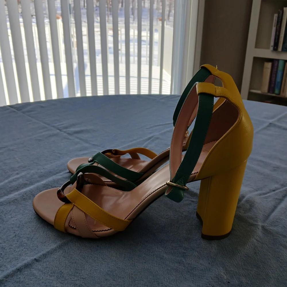 J. Crew Teal, Yellow, and Cream Strappy Heels - Picture 3 of 4
